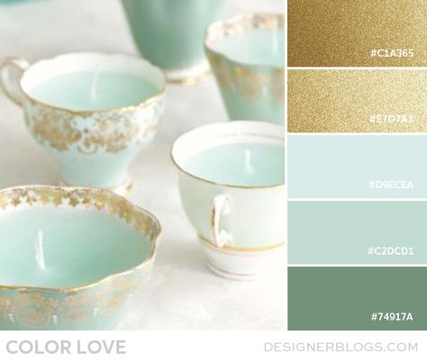 Gold & Robin's Egg Blue | DesignerBlogs.com Gold Color Palettes, Teacup Candles, Elegant Candles, Candle Craft, Blogger Design, Vintage Teacups, Robins Egg, Colour Board, Robins Egg Blue