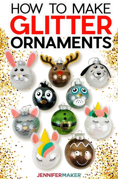 Diy Christmas Glitter Ornaments Glass Ball, Diy Christmas Ornaments Glitter Balls, Clear Round Ornaments Diy Kids, Diy Christmas Ornaments For Kids Bulbs, Glitter Ornaments Cricut, Diy Christmas Glitter Ornaments, Diy Bulb Ornaments For Kids, Glitter Snowman Ornaments Diy, Plastic Ball Ornament Ideas Kids