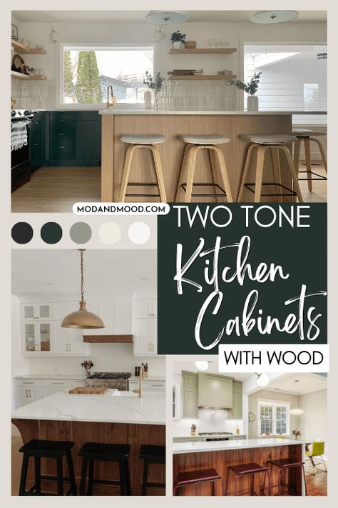 Stylish Two Tone Kitchen Ideas Featuring Wood Cabinets - Mod & Mood Natural Wood Mixed With Painted Cabinets, Kitchen Wood And Color Cabinets, White And Wood Two Tone Kitchen, Kitchen Island Two Tone, Mixing Wood And Painted Kitchen Cabinets, Painted Lower Cabinets Wood Upper, White And Stained Kitchen Cabinets, Wood And Painted Kitchen Cabinets, 3 Tone Kitchen Cabinets