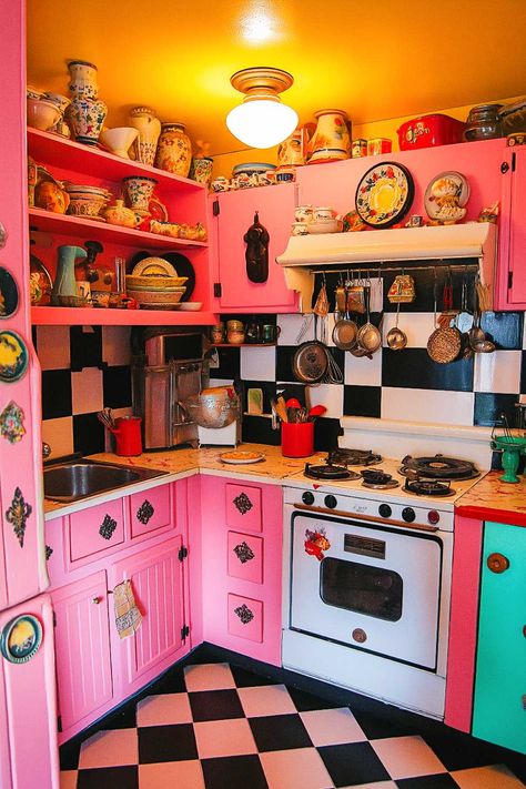 100+ Kitschy Kitchen Inspo Embrace Your Inner Vintage Vixen with These Fab Design Ideas Tacky Decor, Kitschy Aesthetic, Boho Elements, Kitschy Kitchen, Vintage Apron, Scandi Boho, Boho Kitchen, Aprons Vintage, Funky Painted Furniture