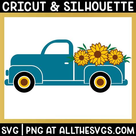 Free Spring Svg Files For Cricut, Free Sunflower Svg, Truck Side View, Brown Bouquet, Free Cricut Images, Sunflower Vintage, Retro Truck, Pretty Wall Art, Cricut Art