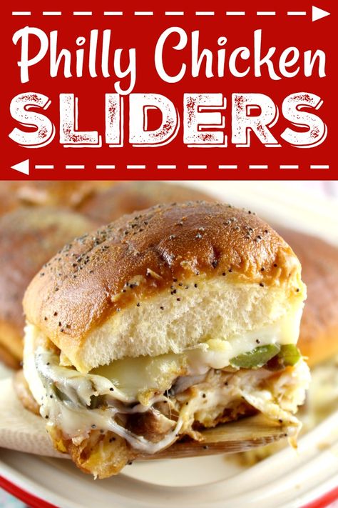 Recipe: Philly Chicken Sliders Chicken Cheesesteak, Sliders Recipes Chicken, Cheesesteak Sliders, Chicken Philly, Slider Sandwiches, Chicken Sliders, Lake Food Ideas Summer, Food Ideas Summer, Lake Food Ideas