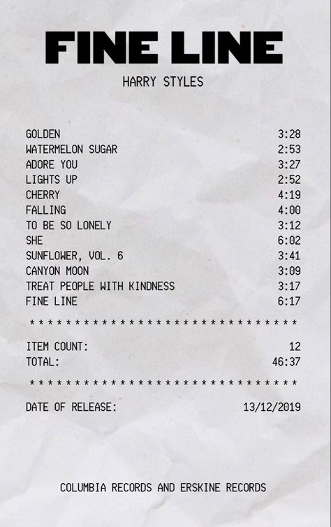 Fine Line Album Poster, Harrys House Receipt, Fine Line Receipt, Song Receipts, Fine Line Aesthetic, Music Receipt, Fine Line Album Cover, Album Fine Line, Fine Line Poster