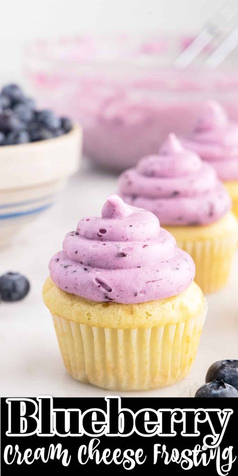 Blueberry Frosting Recipe, Blueberry Cream Cheese Frosting, Blueberry Reduction, Mini Blueberry Pies, Blueberry Frosting, Lemon Blueberry Cupcakes, Cream Cheese Cupcakes, Cheese Frosting Recipe, Blueberry Cupcakes