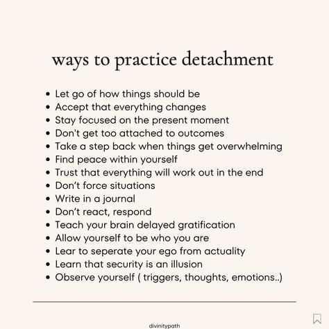 Let's talk about a powerful practice that can bring so much peace and clarity into our lives - detachment! 💭 It's not about being cold or unfeeling, but rather learning to let go of things that don't serve us and focusing on what truly matters. 🙏 Whether it's stepping back from toxic relationships or releasing expectations, detachment allows us to find inner balance and live in the present moment. ✨ So let's practice this beautiful art and watch our lives bloom with joy and contentment! 🌸 #... Ways To Detach From People, Detachment From Family, Letting Go Of, What Is Resentment, Ways To Practice Detachment, How To Know When To Let Go, Principles To Live By, What Is Detachment, Detachment In Relationships