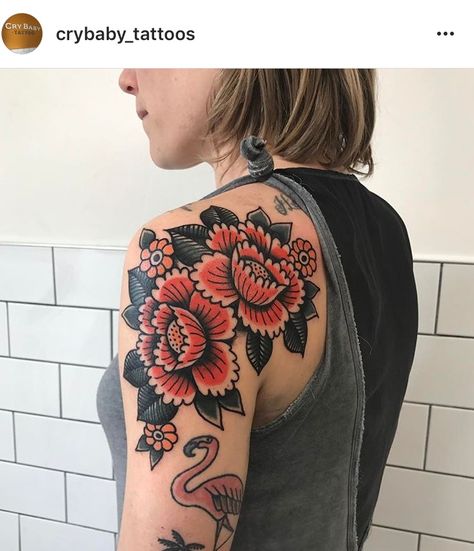 Front Shoulder Tattoo, Shoulder Tattoo Ideas, Front Shoulder Tattoos, Tattooed Lady, Interesting Tattoos, Boys With Tattoos, Traditional Tattoo Inspiration, Traditional Tattoo Flowers, Kelly Smith