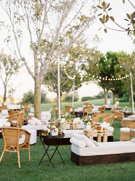 One Couple's Colorful Wedding Weekend at a Country Estate in Spain | Martha Stewart Wedding Reception Standing Tables, Backyard Wedding Sitting Area, Wedding Reception Sitting Area, Wedding Sitting Area Lounges, Non Sit Down Wedding Reception, Party Sitting Area, Wedding Cocktail Hour Tables, Sitting Area Wedding, All White Summer Party