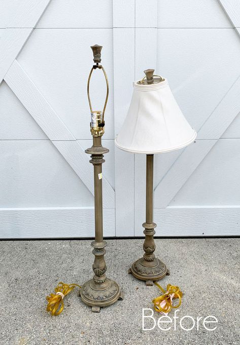 Buffet Lamps Ideas, Standing Lamp Makeover, Candlestick Lamp Makeover, Thrift Store Lamp Makeover, Diy Lamp Makeover, Bookcase Makeover, Flatware Box, Paint Makeover, Blue Spray Paint