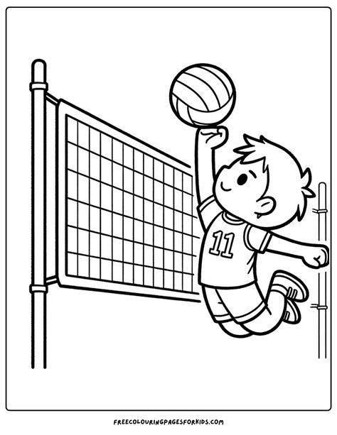 A player leaps to spike the ball over the net Volleyball Cartoon Drawing, Volleyball Coloring Pages, Volleyball Crafts, Volleyball Drawing, Memory Drawing, Sports Coloring Pages, Free Kids Coloring Pages, Kid Coloring Page, Alphabet Number