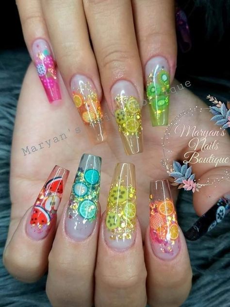 Rainbow Encapsulated Nails, Encapsulated Nails Design, Acrylic Nails For Summer 2023, Summer Polygel Nails, Fruit Acrylic Nails, Fruit Nails Acrylic, Fruit Nail Ideas, Rainbow Acrylic Nails, Rainbow Glitter Nails