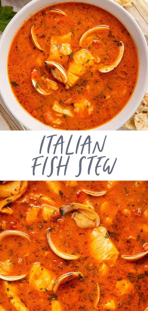 This restaurant-quality Italian fish stew is quick and easy to make but bursting with deliciously authentic Italian flavors. Inspired by one of my favorite dishes in Italy, this surprisingly flavorful fish stew is packed with tender white fish, clams, herbs, and a delicious tomato broth. Authentic Italian Fish Recipes, Italian Fish Recipes, Italian Fish Stew, Italian Fish, Seafood Stew Recipes, Fish Stew Recipes, Fish Chowder, Seafood Stew, Tomato Broth