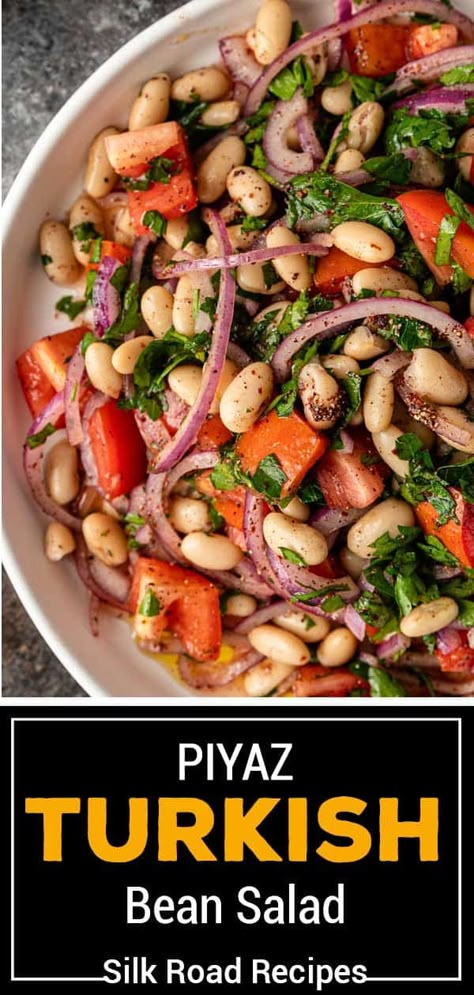 Piyaz (Turkish Navy Bean Salad) - Silk Road Recipes Turkish Salad Recipes, Turkish Salad, Navy Beans, Middle East Recipes, White Bean Salad, Bean Salad Recipes, Navy Bean, Meatless Main Dishes, Mediterranean Diet Recipes