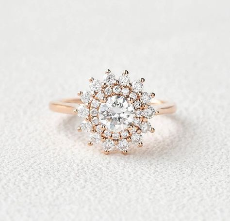 Floral Shape Ice Crushed Round Moissanite Diamond 10K 14K 18K Solid White Yellow and Rose Gold Engagement Ring Bridal Set Ring Women Ring by GemStoneRingGB on Etsy Moissanite Halo Ring, Moissanite Engagement Ring Rose Gold, Double Halo Engagement Ring, Double Halo Engagement, Ring Flower, Engagement Rings Bridal Sets, Solid Gold Band, Wedding Rings Rose Gold, Bridal Ring Sets