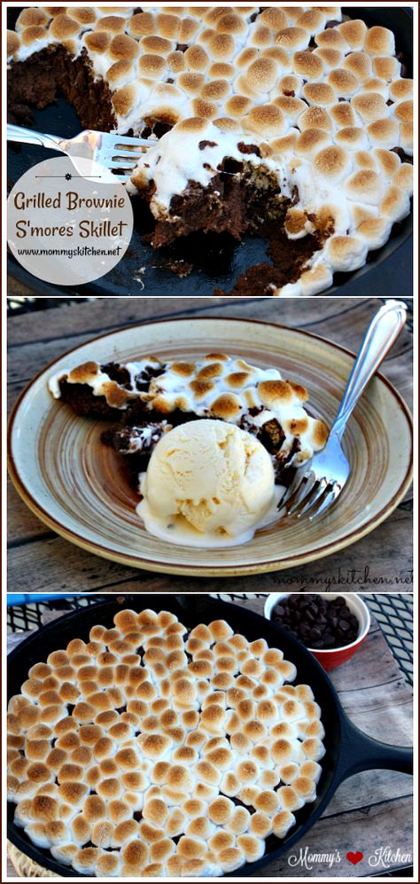 Brownies and S'mores come together deliciously in this This Grilled Brownie S'mores Skillet! This ooey-gooey chocolate dessert has a brownie bottom, with a layer of graham cracker crumbs, chocolate chips and topped with marshmallows. This delicious dessert can be cooked on an outdoor grill or baked in your oven. 😋 #smores #skilletrecipe #smoresskilletdessert #mommyskitchen #brownies #browniesmoresskillet Desert On The Grill, S’mores On The Grill, Smores Dessert Grill, Flat Top Grill Desserts, Baking On The Grill, Grilled Desserts Easy, Dessert On The Blackstone, Blackstone Dessert Ideas, Black Stone Dessert Recipes