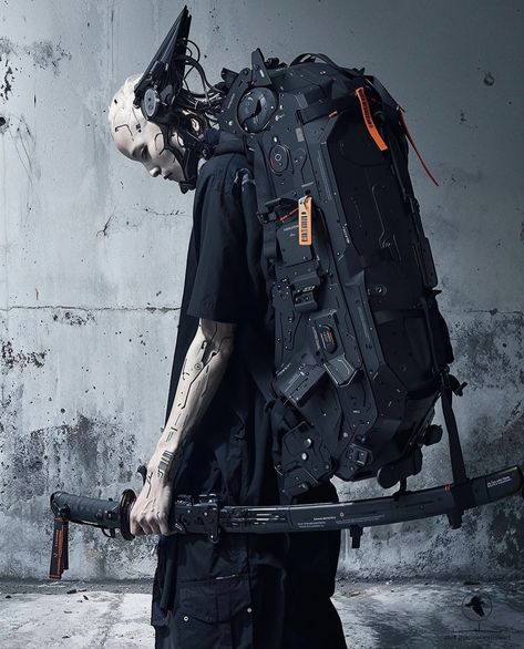 Cyberpunk Spine Design, Cyberpunk Spine, Robot Backpack Concept Art, Cyberpunk Backpack, Futuristic Backpack, Cyberpunk Bagpack, Dark Inspiration, Visual Library, Cyberpunk Aesthetic