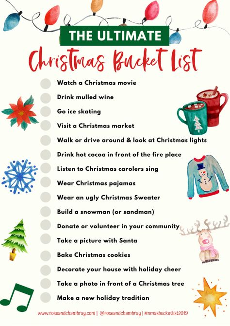 The Ultimate Christmas Bucket List : Fun Holiday Activities  In order to make the most out of this joyous season, I've created a Christmas bucket list for us to complete together! This will be such a fun way to get into the holiday spirit, explore your city and be festive for the next 25 days. Christmas Bucket List For Kids, Nyc Christmas Bucket List, Christmas List Items, Journal December, Christmas App Icons Instagram, Bucket List For Teens, 2025 Christmas, Budget Christmas, Calendar Activities