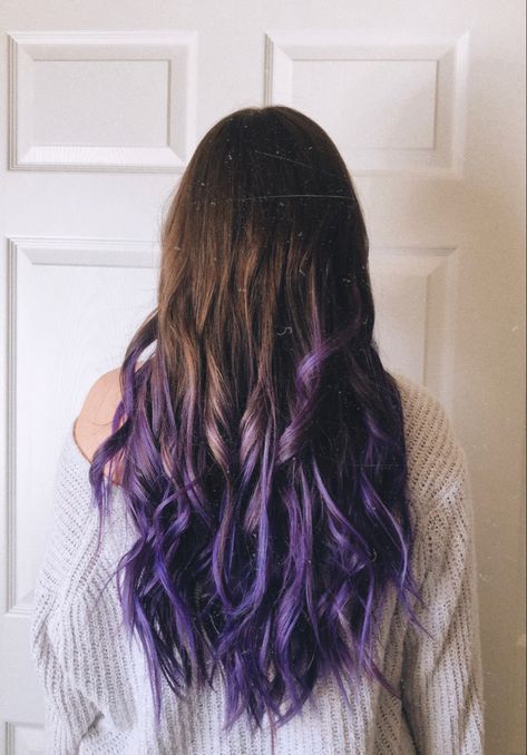 DIY ombré. Purple on dark brown hair Dark Brown Purple Hair Ombre, Ombre Hair Brown To Purple, Good Colors To Dye Dark Brown Hair, Purple Hair On Dark Brown Hair, Purple Hair Dye Highlights, Dyed Hair Ideas For Brown Hair, Brown To Dark Purple Ombre Hair, Dark Purple In Brown Hair, Long Brown Hair With Purple Tips