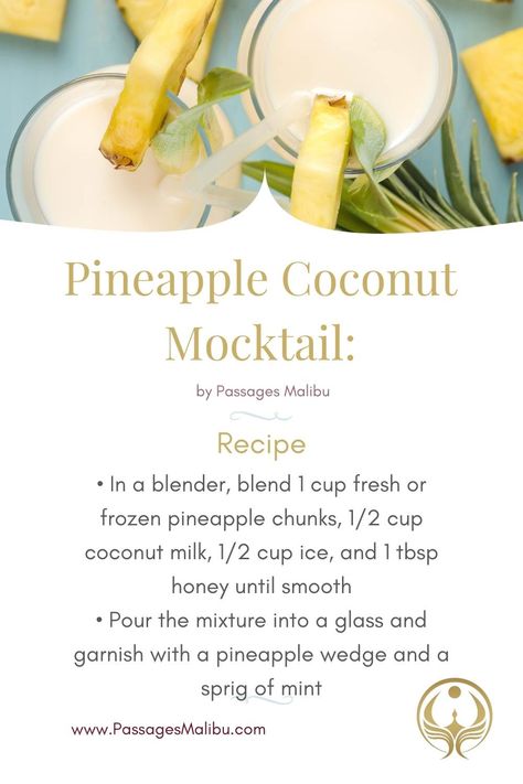 Nonalcoholic Pineapple Drinks, Coconut Mocktail Non Alcoholic, Pineapple Juice Mocktail Non Alcoholic, Pineapple Coconut Mocktail, Coconut Milk Mocktail Recipe, Coconut Mocktail Recipes, Coconut Water Mocktail Recipes, Tropical Mocktail Recipe, Pineapple Mocktails