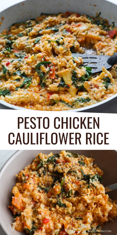 15-Minute Pesto Chicken Cauliflower Rice Recipe | Low Carb Dinner Idea - Her Highness, Hungry Me Easy Protein And Veggie Meals, Healthy Chicken Dinner Low Calorie, Healthy Dinner Recipes With Cauliflower, Pesto Low Carb Recipes, Restart Program Recipes, Low Carb Pesto Meals, High Protein Keto Dinner, Cauliflower Bowls Healthy, Meals With No Carb