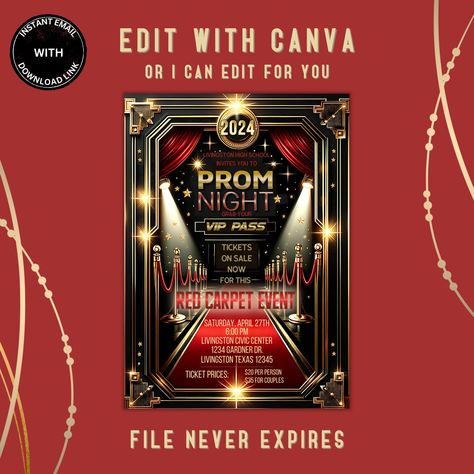 Red Carpet Invitations Template, Prom Invitations, Red Carpet Invitations, Dance Invitation, Dance Party Invitations, Pastors Appreciation, School Prom, Vip Pass, Prom Dance