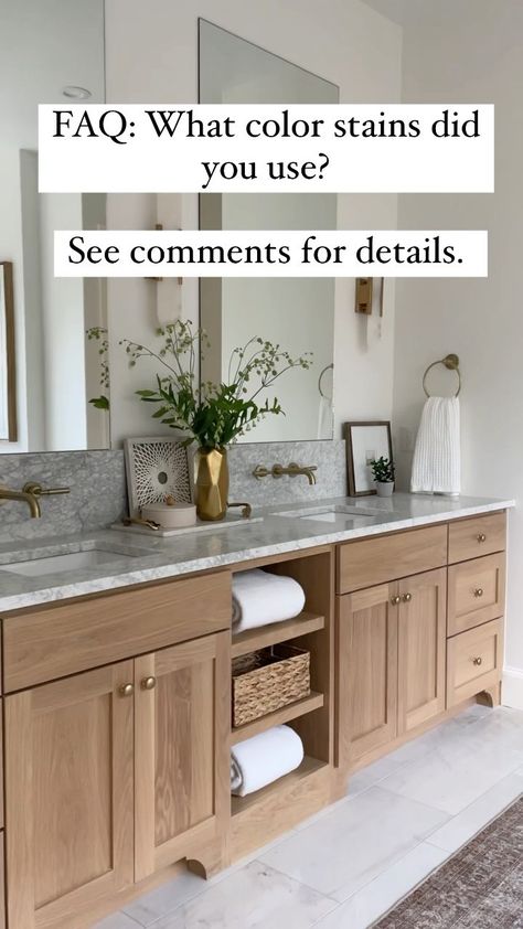 White Oak Wood Cabinets Kitchen, Teak Wood Bathroom Cabinets, Vanity Stain Colors, Bathroom Vanity Stained Wood, Bathroom Vanity Stain Colors, Bathroom Vanity Stained, Master Bath Stained Cabinets, Master Bath Remodel 2023, Stained Maple Bathroom Vanity