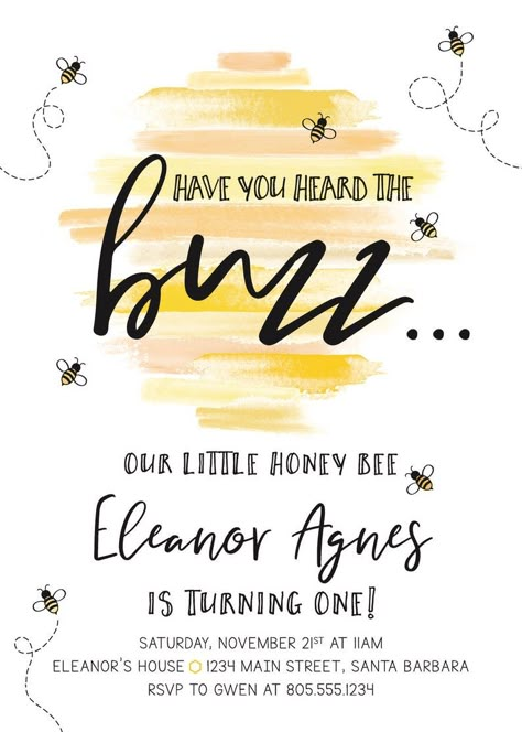 First Bee Day Invitations Buzz Honey Bee Girl Birthday | Etsy Spring First Birthday, Queen Bee Birthday, Birthday Black And White, Bee Day Party, Bee Birthday Theme, Bee Themed Birthday, Bee Themed Birthday Party, Happy Bee Day, 1st Bee Day