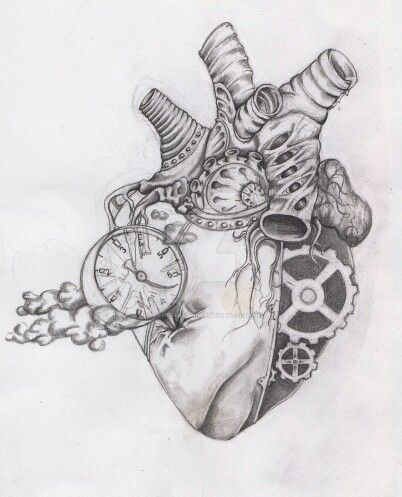 Heart with clock and gears. Cool Heart Drawings, Human Heart Drawing, Steampunk Kunst, Steampunk Drawing, Anatomical Heart Art, Drawing Heart, Steampunk Illustration, Bd Art, Practice Drawing