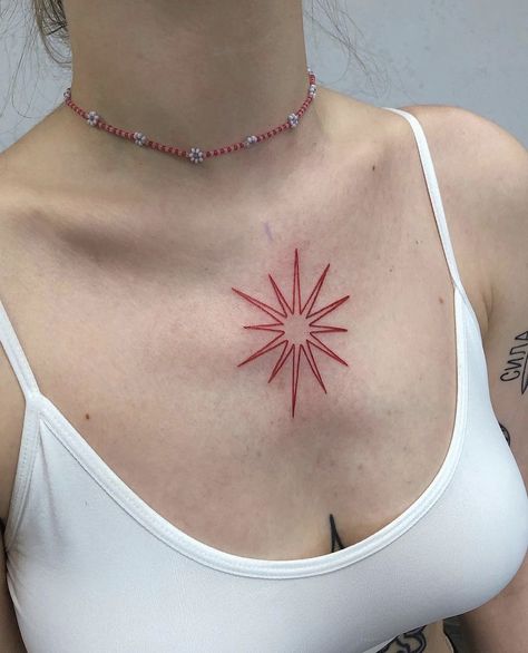 Large Star Tattoo, Red Tattoo Leg, 8 Point Star Tattoo, Colorful Star Tattoos, Star Tattoo On Neck, Red Circle Tattoo, Red Chest Tattoo, Star Chest Tattoo, Red Star Tattoo