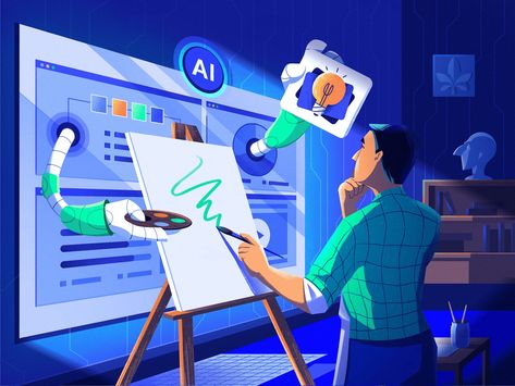 How Can AI Transform Graphic Design Industry by Vitaliya Yankovskaya for Fireart Studio on Dribbble Graphic Design Diagram, Graphic Design 101, Graphic Design Newspaper, Technology Illustration, Graphic Design Jobs, Graphic Design School, Graphic Design Quotes, Graphic Design Cards, Strategy Design