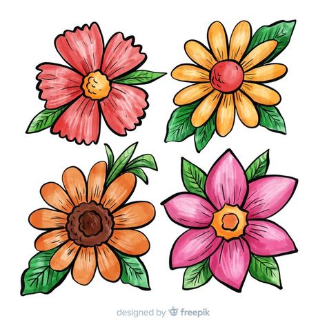 Flower Painting Cartoon, Kawaii Flowers Drawing, Different Flowers Drawings, Flower Drawing With Color, Big Flower Drawing, Easy Floral Drawing, Flower Cartoon Drawing, Flower Clipart Printables, Cartoon Flowers Drawing