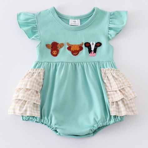 Embroidery Cows With Tan Gingham Ruffles Romper With Snaps - 100% Cotto Smoke And Animal Free Home Western Baby Boy Clothes, Country Baby Clothes, Southern Baby Clothes, Western Baby Clothes, Woman Costumes, Gingham Romper, Baby Clothes Country, Southern Baby