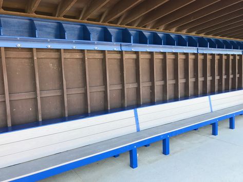 Dugout storage for individual players. Geary rack can have between 5 & 8 cubbies with a handy double coat hook below each. Painted in teams color it comes fully assembled and includes wall mounting hardware. Dugout Organization, Softball Dugout, Slow Pitch Softball, Baseball Dugout, Baseball Helmet, Sports Games, Cubbies, Wood Construction, Baseball Field