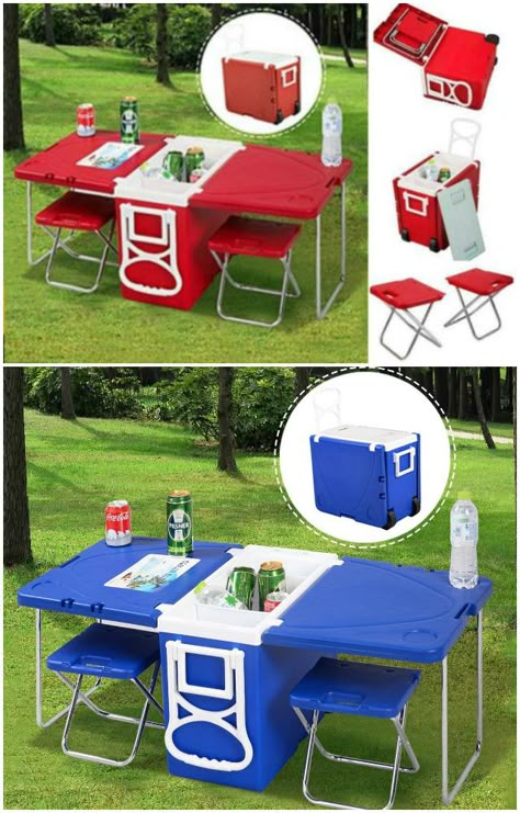 10 Camping Tips and Gadgets You'll Love This Summer -Rolling Cooler With Picnic Table And Chairs, Camping Hacks #Camping, #Furniture Zelt Camping, Auto Camping, Camping Gadgets, Rv Hacks, Camping Checklist, Production Design, Camping Glamping, Camping Table, Camping Supplies