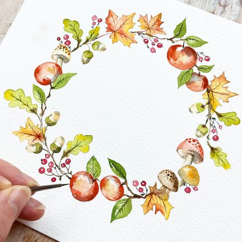 Paint an Autumn wreath with acorns, oak leaves, maple leaves, berries, apples and mushrooms in my brand new tutorial. Click the link to watch on youtube! #watercolour #autumn #watercolorarts Autumnal Watercolour Painting, Autumn Wreath Drawing, Autumn Watercolour Painting, Watercolour Autumn Leaves, Watercolour Acorn, Autumn Flowers Illustration, Fall Wreath Painting, Autumn Flowers Drawing, Autumnal Watercolour