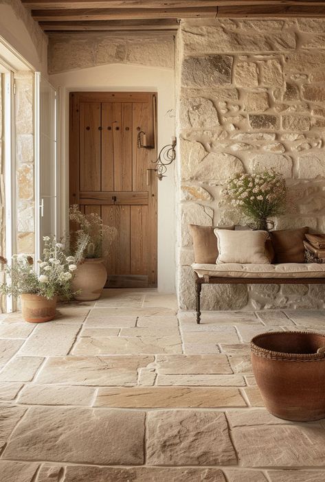 Rustic hallway color scheme featuring earthy tones and natural hues that bring warmth and depth to the space Hallway Design Ideas, Rustic Hallway, Deco Champetre, Hallway Design, Stone House, Stone Work, Stone Flooring, Make Yourself, Rustic Interiors