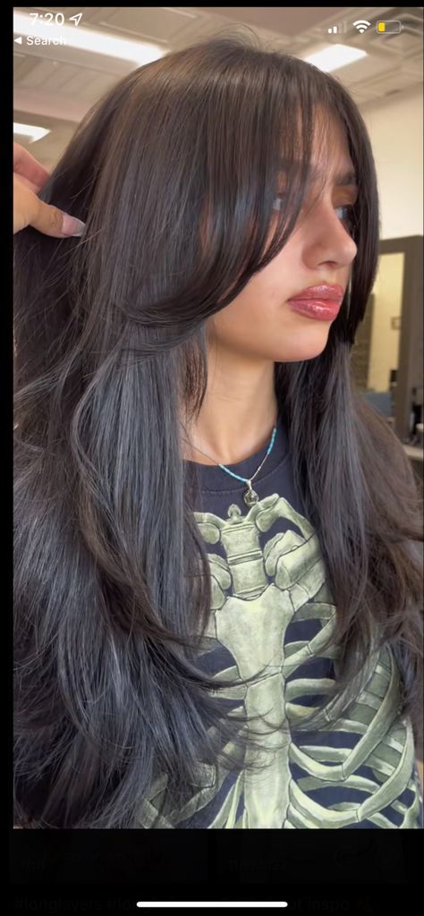 Front Face Layers Long Hair, Intense Black Hair, Long Indian Hair Hairstyles, Long Black Hair Layers Straight, Brunette Front Layers, Hair Framing Face Long, Layers For Long Hair Face Framing, Dark Brown Long Hair With Layers Face Framing, Face Framing Layers Long Hair Oval Face