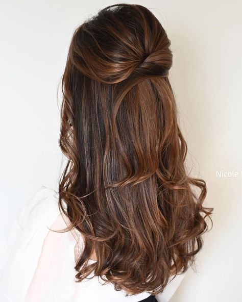 Elegant Bridesmaid Hair Half Up, Undone Half Up Hair, Brunette Braided Wedding Hair, Simple Updos For Short Hair Wedding, Half Up Half Down Wedding Hair Blowout, Elegant Wedding Hair Half Up, Asian Wedding Hairstyles Half Up, Bride Hairstyles Half Up Half Down Medium Length, Half Up Wedding Hair Medium Length