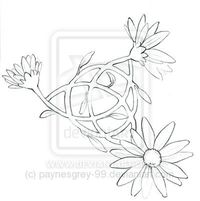 Celtic triquetra and my favorite flowers, daisies...want this done in watercolor style in greens and pinks and yellow center on the open daisy...turned with the point up and the open flower at the top, would make a cool sternum tattoo. Floral Knot Tattoo, Floral Celtic Tattoo, Celtic Flower Design, Triquetra Tattoo With Flowers, Triquetra Art, Maiden Mother Crone Tattoo, Triquetra Tattoo, Celtic Triquetra, Flowers Daisies