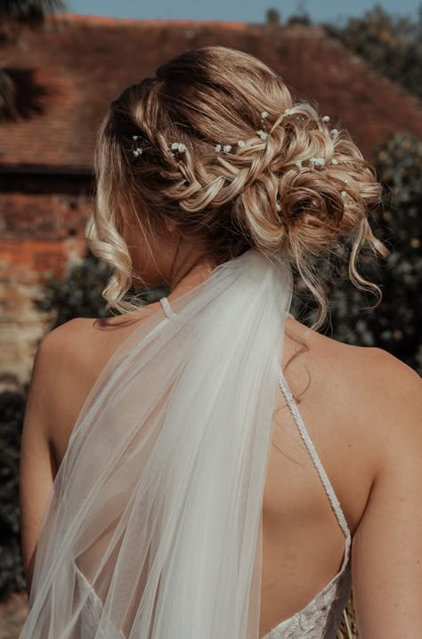 Bridal Updo With Hair Vine, Rustic Wedding Hair Up Do, Hair Up Wedding Styles With Veil, Wedding Hair For Bride Updo Veils, Updos For Brides With Veil, Wedding Veil Under Hair, Wedding Hair With Veil Underneath, Bride Upstyle With Veil, Bridal Hair Vine With Veil