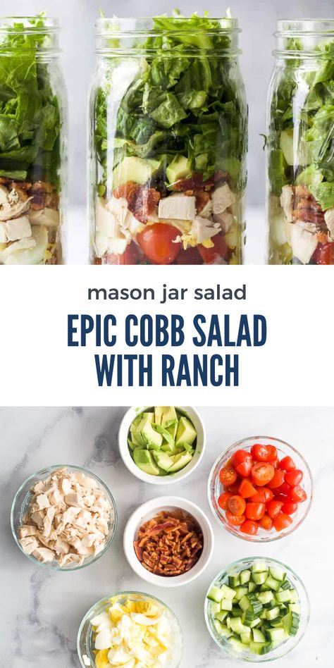 This epic Mason Jar Cobb salad recipe is perfect for meal prep. It's made with an easy yogurt based ranch dressing and filled with chicken, hardboiled egg, crispy bacon, tomato, cucumber and avocado. It will last in the fridge for 4-5 days. 7 Layer Salad In Mason Jar, Cob Salad Meal Prep, Cob Salad Mason Jar, Mason Jar Chef Salad, Easy Salad In A Jar Recipes, Chef Salad In A Jar, Meal Prep Egg Salad, Salad Prep Jars, Meal Prepping Salads