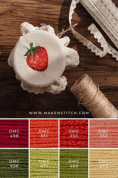 Strawberry Red Embroidery Color Palette Strawberries Embroidery, Cute Embroidery Strawberry, Strawberry Sewing, Embroidery Red, Embroider Strawberry, Embroidered Strawberry, Strawberry Embroidery Pattern, Pink Embroidery, Strawberry Embroidery