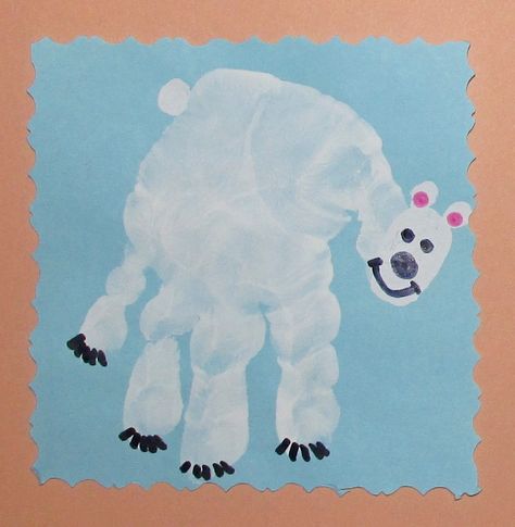 Polar Bear Handprint, Polar Bear Toddler Craft, Polar Bear Footprint Craft, Polar Bear Art For Toddlers, Polar Bear Handprint Craft, Winter Infant Crafts, Polar Bear Craft For Toddlers, Handprint Polar Bear, Polar Bear Craft Preschool