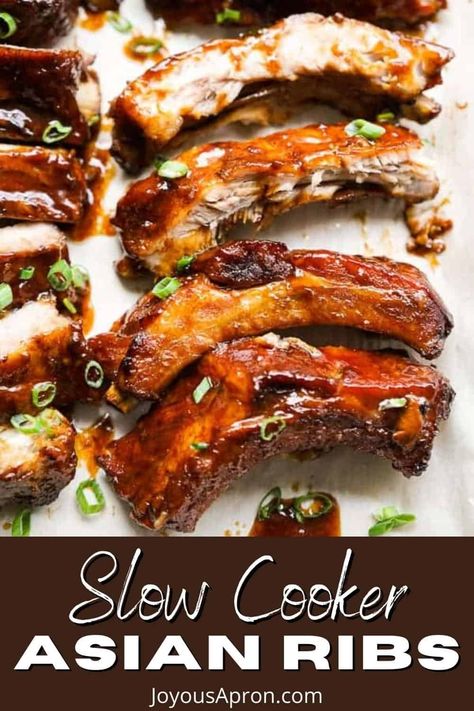 Tender, fall-off-the-bone baby back ribs coated with sticky Asian inspired sauce. Cooked in a slow cooker and then baked to perfection! So flavorful and delicious! Asian Ribs Recipe, Asian Ribs, Braised Short Ribs Recipe, Slow Cooker Asian, Crockpot Ribs, Salmon Salad Recipes, Slow Cooker Ribs, Baked Ribs, Pork Rib Recipes