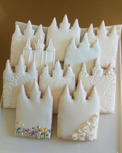 LDS temple cookie royal icing Temple Cookies, Castle Cookies, Temple Activity, Priesthood Preview, Cookie Royal Icing, Reception Food Ideas, Wedding Reception Food Ideas, Lds Crafts, White Cookies