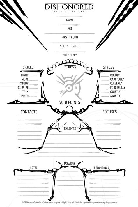 Dishonored Art, Rpg Character Sheet, Dnd Character Sheet, Dishonored 2, Create Your Character, Dungeon Master's Guide, Diy Gifts For Dad, Dungeons And Dragons Classes, Dnd Dragons