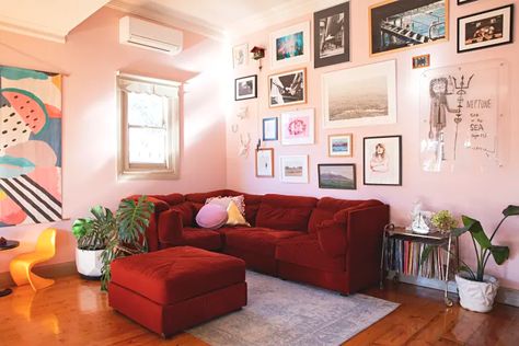 Red Couch Living Room, Red Apartment, Drum Room, Australia House, Red Couch, Melbourne House, Red Sofa, Colorful Chairs, Red Walls