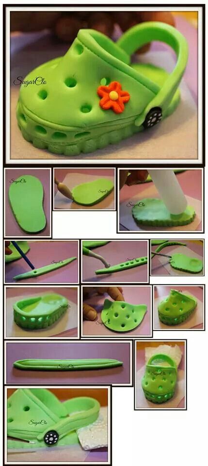 Fondant crocs Kue Fondant, Shoe Tutorial, Fondant Baby Shoes, Fondant Techniques, Fondant Baby, Fondant Tutorial, Fondant Decorations, Tanah Liat, Fondant Flowers