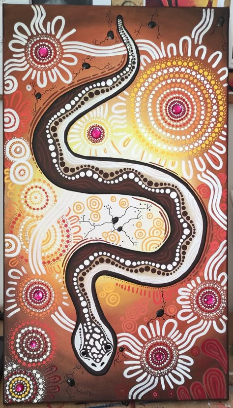 Snake Aboriginal Art, Rainbow Serpent Aboriginal, Aboriginal Tattoo, Aboriginal Art Symbols, Aboriginal Art Dot Painting, Snake Painting, Art Symbols, Native Artwork, Aboriginal Dot Painting