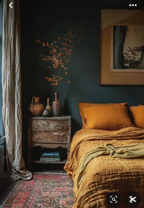 Dark Green Bedroom Aesthetic Ideas, Rug Earth Tones, Terra Cotta And Teal Bedroom, Earth Tone Apartment Aesthetic, Reclaimed Wood Furniture Bedroom, Teal And Terracotta Bedroom, Dark Green And Terracotta Bedroom, Earth Tone Bedroom Colors, Blue Earthy Bedroom