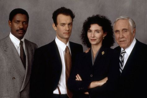 "Philadelphia" promo still, 1993.  L to R: Denzel Washington, Tom Hanks, Mary Steenburgen, Jason Robards. Tom Hanks Philadelphia, Philadelphia Movie, Mary Steenburgen, Movie Search, Norman Bates, Michael Ealy, Jeanne Moreau, Timothy Olyphant, Harper Lee